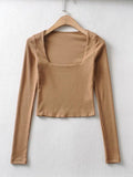 Wenkouban-Women Cotton Ribbed Square Neck Crop Top With Long Sleeve