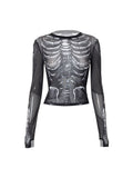 Wenkouban-Gothic Punk Shirt 2000s Women Skeleton Pattern Round Neck Long Sleeve Crop Top Black Dark Academia Clothes y2k Tees Streetwear