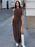 Wenkouban Elegant Backless Pleated Maxi Dress Female Sleeveless Slim See-Through Solid High Waist Party Dress Women's Autumn Dress