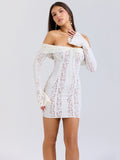 Wenkouban Off-shoulder Lace Sexy Mini Dress For Women White Strapless Long Sleeve Backless Bodycon Club Party Sexy Dress Elegant-Christmas Outfit