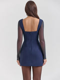 Wenkouban Plunge Neck Backless Sexy Mini Dress For Women Fashion Sheer Long Sleeve Backless Bodycon Club Party Sexy Dress Elegant-Christmas Outfit