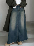 Wenkouban-y2k Outfits christmas outfit Vintage Washed Denim Maxi Skirt