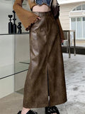 Wenkouban-nye outfits Vintage Brown High Rise Split PU Leather Midi Skirt 2025 fashion trends y2k style party club outfits