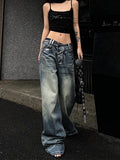 Wenkouban-American Retro Hottie Distressed Wash Jeans Y2K Streetwear Hip Hop Loose Casual Harajuku Fashion Street Straight Wide Leg Jeans