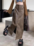 Wenkouban-nye outfits Vintage Brown High Rise Split PU Leather Midi Skirt 2025 fashion trends y2k style party club outfits