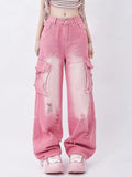 Wenkouban Pink Y2K Multi Pocket Ripped Cargo Jeans with Faded Effect