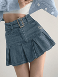 Wenkouban-nye outfits Buckle Belt Pleated Denim Mini Skirt 2025 fashion trends y2k style party club outfits