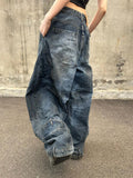 Wenkouban-Oversized Retro Blue Washed Distressed Wide Leg Jeans Women Fashion Streetwear Hot Girls Loose Casual High Waist Straight Jeans