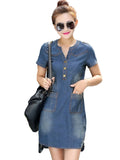 Wenkouban-2025 New arrival summer women denim dresses short sleeves loose A word dresses v-neck solid denim dresses