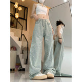 Wenkouban-y2k outfits Valentine's Day gift Women Pearl Jeans Fashion Beading Light Blue Trousers Streetwear Female High Waist Straight Loose Wide Leg Denim Pants