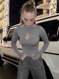 Wenkouban-back to school nye outfits Fashion Women Bodysuits Sexy Club Regular Solid Streetwear Casual Hollow Out Long Sleeve O-Neck SKinny Rompers T-Shirts Tops Tee