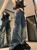 Wenkouban Vintage Y2k Women Black Baggy Cargo Jeans with Star Gothic Harajuku 90s Aesthetic Denim Trousers Kpop 2000s Jean Pants