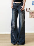 Wenkouban-y2k Outfits christmas outfit Embroidered Rhinestone Washed Low-Rise Flared Jeans