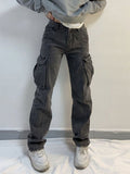 Wenkouban-Mid-rise faded gray cargo jeans- Streetwear y2k outfits Fall Outfits Christmas Thanksgiving Gift New Year's Eve