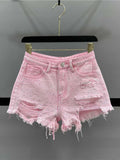 Wenkouban-y2k outfits Valentine's Day gift American Style Rhinestone Denim Shorts Women Summer High Waist Hole Raw Edge Hot Pants Sexy Slim All-matched Short Jeans