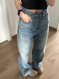 Wenkouban-Y2K Fashion Blue Simple Multi-button Design Casual Jeans Retro Washed Loose Harajuku Street High Waist Straight Wide Leg Jeans