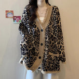 Wenkouban-American Retro Leopard Print Knitted Oversized Cardigan Sweater Women Fashion Streetwear Loose Harajuku Simple Casual Sweater