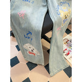 Wenkouban-y2k outfits Valentine's Day gift American Retro Cartoon Dog Jeans Women Spring Autumn High Waist Wide Leg Denim Pants Oversized Straight Loose Full Trousers