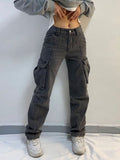 Wenkouban-Mid-rise faded gray cargo jeans- Streetwear y2k outfits Fall Outfits Christmas Thanksgiving Gift New Year's Eve