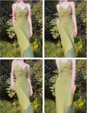 Wenkouban-2025 dress to impress party dress nye outfits Green Suspender Evening Dress French Style Slim Green Party Dress YM1695