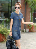 Wenkouban-2025 New arrival summer women denim dresses short sleeves loose A word dresses v-neck solid denim dresses