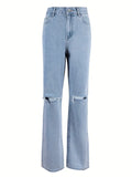 Wenkouban Light blue 2000s Y2k boyfriend jeans with ripped design