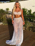 Wenkouban See Through Lace Two Piece Skirt Sets Women Crop Top And Maxi Skirt Sets Elegant Party Beach Sexy Two Piece Set-Christmas Outfit