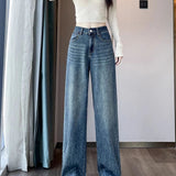 Wenkouban-y2k outfits Valentine's Day gift Fashion Straight Wide Leg Pants Women Blue Jeans Spring Autumn High Waist Loose Hot Stamping Diamond Denim Pants Streetwear