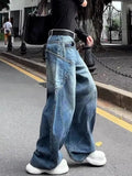 Wenkouban-American Niche Y2K Fashion Blue Pocket Cargo Pants Women Autumn Winter Street Loose Casual Harajuku High Waist Wide Leg Jeans