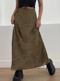 Wenkouban-Brown vintage floral mesh maxi skirt- Streetwear y2k outfits Fall Outfits Christmas Thanksgiving Gift New Year's Eve