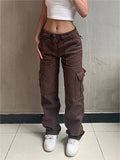 Wenkouban Brown baggy cargo jeans with a vintage wash