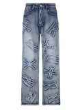 Wenkouban Faded boyfriend jeans with letter patch