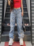 Wenkouban Faded boyfriend jeans with letter patch