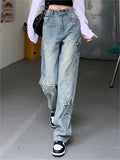 Wenkouban Faded vintage boyfriend jeans with star patch