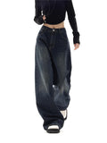 Wenkouban-Dark blue 90s vintage baggy boyfriend jeans- Streetwear y2k outfits Fall Outfits Christmas Thanksgiving Gift New Year's Eve