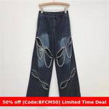 men’s and women's outfits Christmas outfits winter outfits  Black Friday 2024 Autumn Mopping Heavy Industry Metal Rivet Chain Hollow Jeans