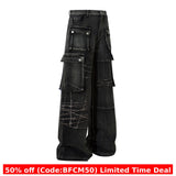 mens christmas outfit chill guy Winter outfits  Cyber Monday 2024 Dark Embroidered Jeans Niche Men's Multi-Pocket Wide-Leg Pants