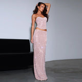 Wenkouban-back to school outfit nye outfit  Sequin Glitter Backless Evening Party Two Piece Set Strapless Top Long Skirt Women Set Elegant Summer 2 Piece Set Women