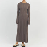 Wenkouban-y2k outfits retro design Women Elegant Ribbed Knit Full Sleeve Maxi Dress Crew Neck Bodycon Pencil Long Dress Tie Waist Dress 90s Vintage Streetwear