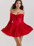 Wenkouban Elegant Strapless Backless Sexy Mini Dress For Women Red Off-shoulder Long Flare Sleeve Pleated Club Party Dress 2024-Christmas Outfit