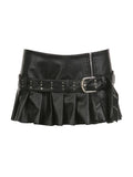 Wenkouban-nye outfits Punk Rivet Belted Pleated Slit Leather Mini Skirt 2025 fashion trends y2k style party club outfits