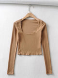 Wenkouban-Women Cotton Ribbed Square Neck Crop Top With Long Sleeve