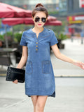 Wenkouban-2025 New arrival summer women denim dresses short sleeves loose A word dresses v-neck solid denim dresses