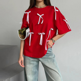 Wenkouban-American Retro Bow Three-dimensional Decorative Loose T-shirt Women 2024 Summer New Fashion Street Trend Casual Y2K Tops