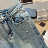 Wenkouban-y2k outfits Valentine's Day gift Women Straight Loose Jeans Spring Autumn Rivet Star Pendant Design Wide Leg Pants Female High Waist Washed Light Blue Jeans