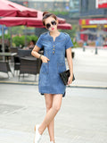 Wenkouban-2025 New arrival summer women denim dresses short sleeves loose A word dresses v-neck solid denim dresses