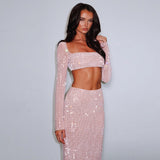 Wenkouban-back to school outfit nye outfit  Sequin Glitter Backless Evening Party Two Piece Set Lace Up Top Long Skirt Women Set Elegant Spring 2 Piece Set Women