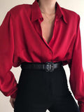 Wenkouban-Women Button Blouses Turn Down Collar Shirts Office Lady Long Sleeve Casual Blouse Loose OL Shirt Baggy Tops Red/Wine Red /Black