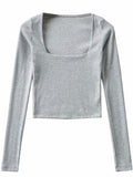 Wenkouban-Women Cotton Ribbed Square Neck Crop Top With Long Sleeve