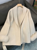 Wenkouban Fox Fur Wool Overcoat Women's Short Coat Office Lady Elegant Double-sided Woolen Coat 2025 New Cardigan Jackets Loose